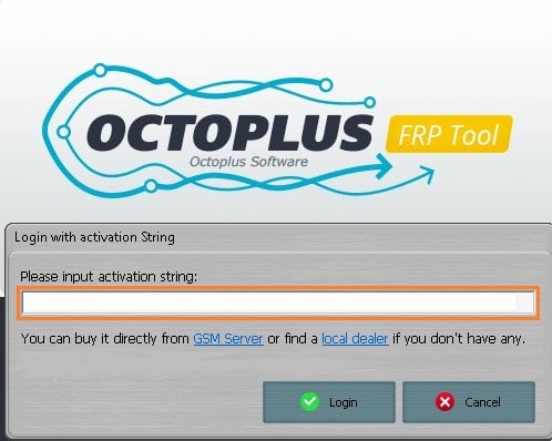Octoplus FRP Licencia Digital - Pantalla de activación con código string